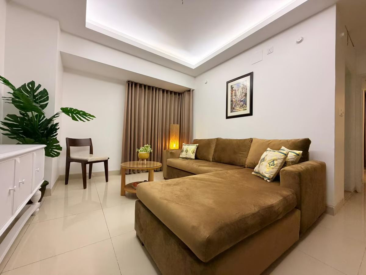 Living room with a tan sofa, timber chair and plants