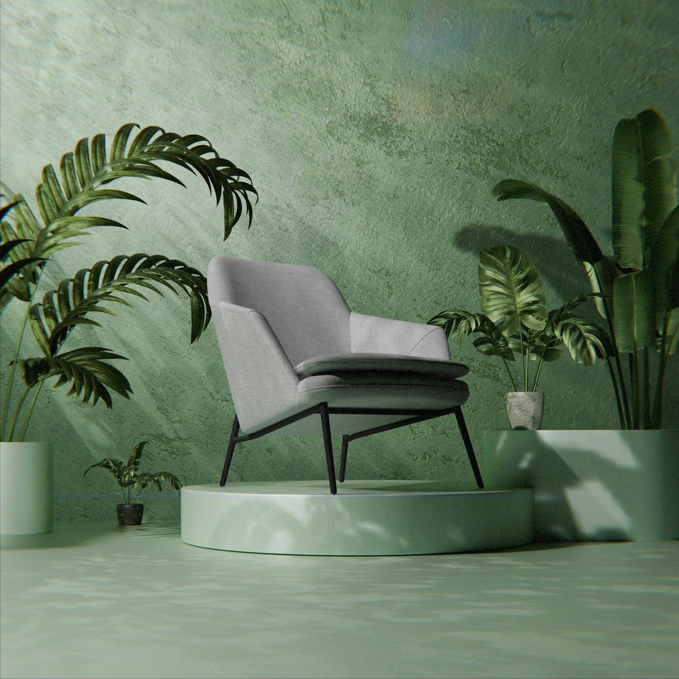 Armchair among lush plants on a sage wall